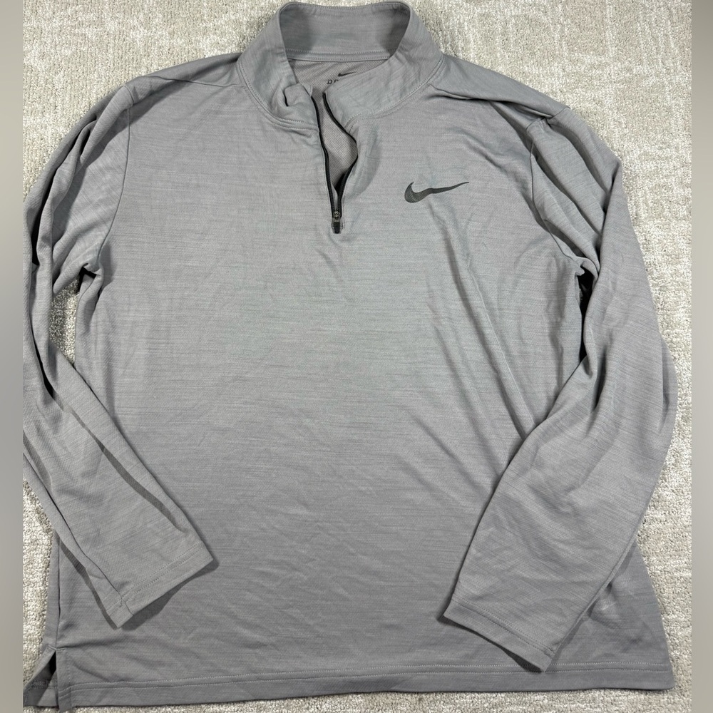 Nike Sweater Gray Long Sleeve Half Zip Logo Shirt Size Large
